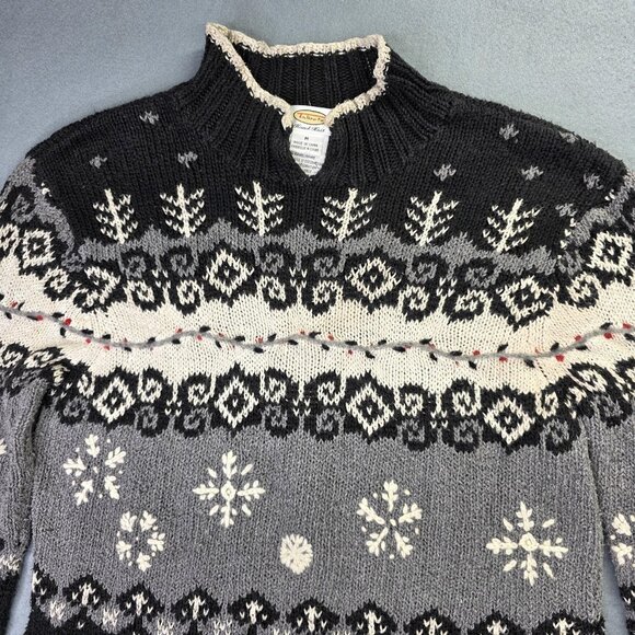 Talbots Sweater Women M Black Fair Isle Snowflake Handknit Linen Blend Mock Neck - Picture 3 of 12
